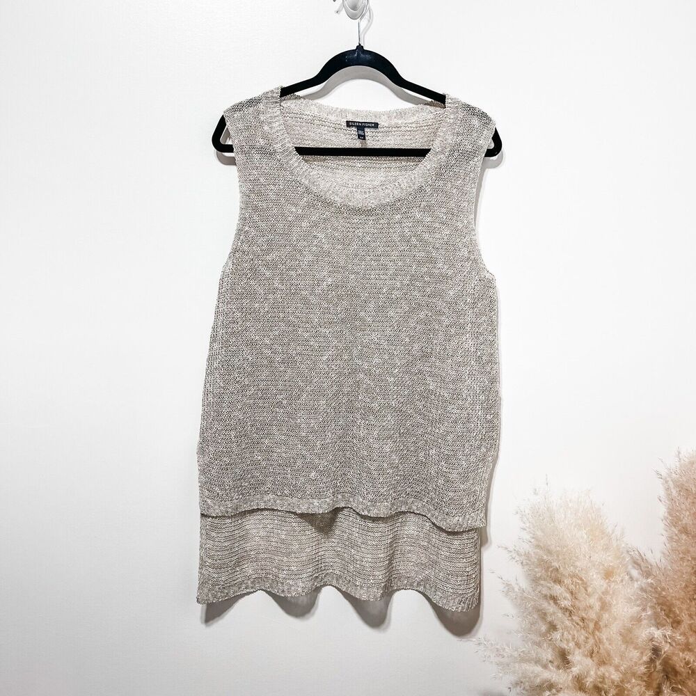 Eileen Fisher Womens Organic Linen Sleeveless Hi-low Mesh Top Marled Beige Sz S